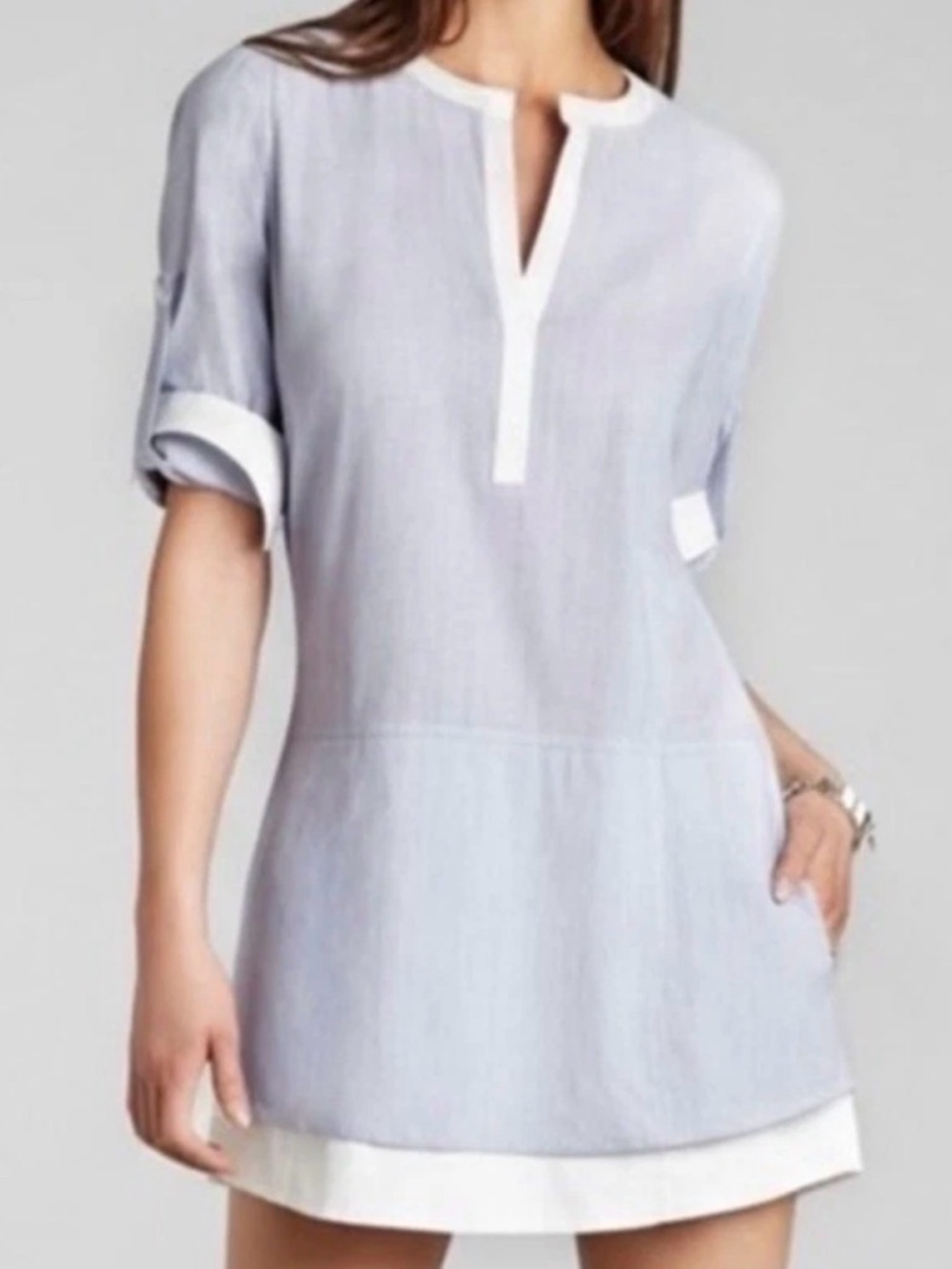 BCBGMaxAzria Light Blue Tunic Shirt Dress with White Trim cotton size small